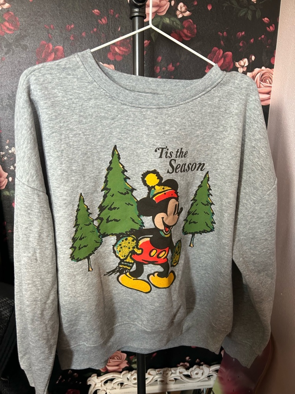 Disney Gray Crewneck Sweatshirt with Mickey Mouse Holiday Graphic